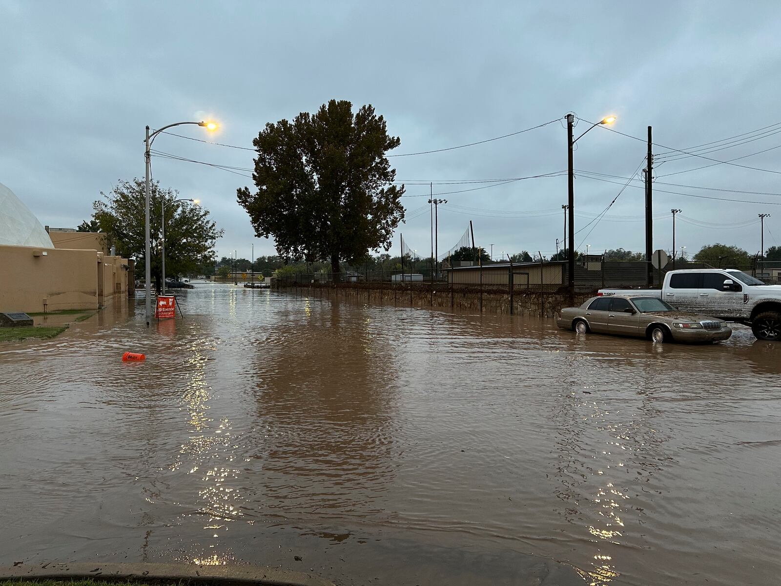 This image provided by Tom Hudgens shows flooding in Roswell, N.M., Monday, Oct. 21, 2024. (Tom Hudgens via AP)