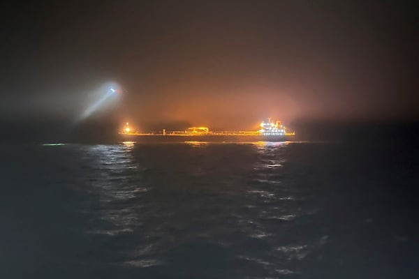 This photo provided by Rajavartiosto (Finnish Border Guard) on Thursday, Dec. 26, 2024, shows the oil tanker Eagle S at sea outside Porkkalanniemi, Finland. The Eagle S was sailing at the same time in the area where the Finland-Estonia electrical link was disrupted on Wednesday. (Rajavartiosto via AP)