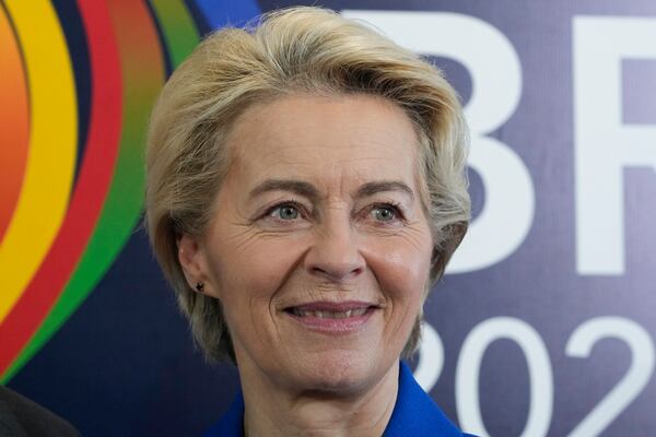 European Commission President Ursula von der Leyen, attends during a bilateral meeting with Brazil's President Luiz Inacio Lula da Silva, a day before the opening of the G20 Summit, in Rio de Janeiro, Sunday, Nov. 17, 2024. (AP Photo/Eraldo Peres)