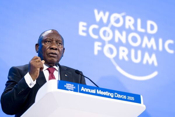 Cyril Ramaphosa, President of South Africa delivers a speech during a plenary session in the Congress Hall, during the 55th annual meeting of the World Economic Forum, WEF, in Davos, Switzerland, Tuesday, Jan. 21, 2025. (Michael Buholzer/Keystone via AP)