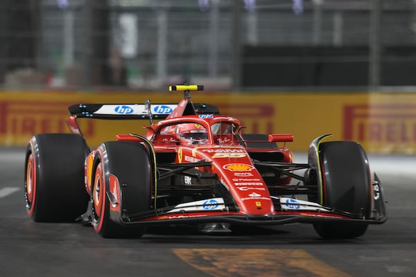 Ferrari driver Carlos Sainz, of Spain, drives during the final practice session for the Formula One U.S. Grand Prix auto race, Friday, Nov. 22, 2024, in Las Vegas. (AP Photo/Rick Scuteri)