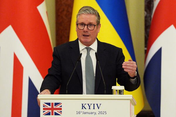 British Prime Minister Keir Starmer speaks during a press conference with Ukrainian President Volodymyr Zelenskyy, at the start of their bilateral talks at Mariinskyi Palace, in Kyiv, Ukraine Thursday, Jan. 16, 2025. (Carl Court/Pool Photo via AP)