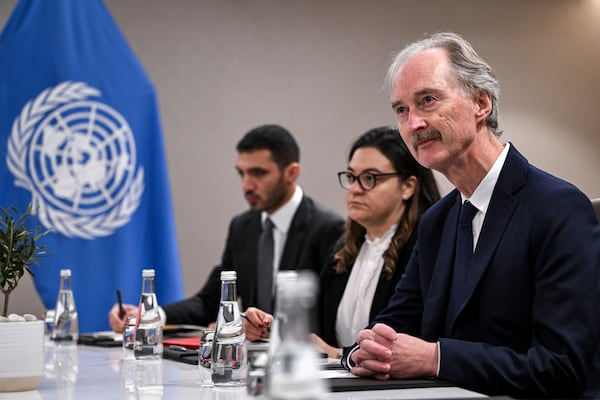 The United Nations (UN) Special Envoy for Syria Geir Pedersen speaks during his meeting with US Secretary of State Antony Blinken in Jordan's southern Red Sea coastal city of Aqaba, Saturday Dec. 14, 2024. (Andrew Caballero-Reynolds/Pool via AP)