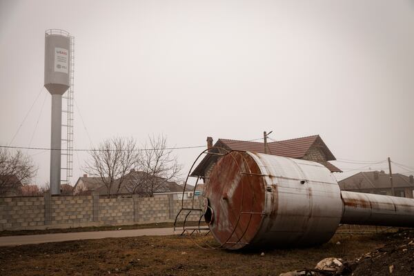 A banner of the USAID for a supported project for the rehabilitation of two water towers is seen in the village of Ciorescu, Moldova, Thursday, Jan. 30, 2025. (AP Photo/Aurel Obreja)