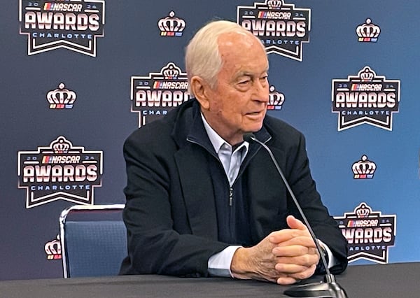 Car owner Roger Penske speaks ahead of the NASCAR awards ceremony in Charlotte N.C., Friday, Nov. 22, 2024. (AP Photo/Steve Reed)