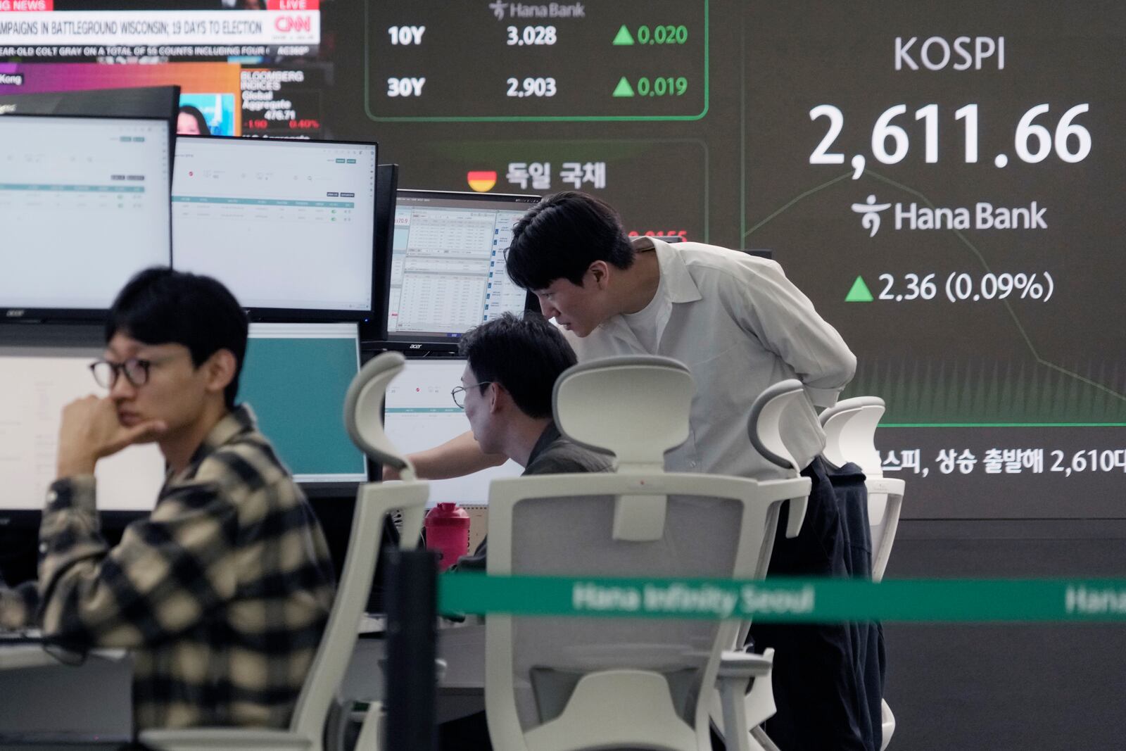 Currency traders watch monitors near a screen showing the Korea Composite Stock Price Index (KOSPI) at the foreign exchange dealing room of the KEB Hana Bank headquarters in Seoul, South Korea, Friday, Oct. 18, 2024. (AP Photo/Ahn Young-joon)