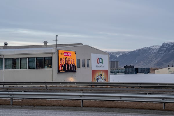 A bilboard of the People's Party (Flokkur Fólksins) reading "It's your turn", in Reykjavik, Iceland, Friday, Nov. 29, 2024. (AP Photo Marco Di Marco)