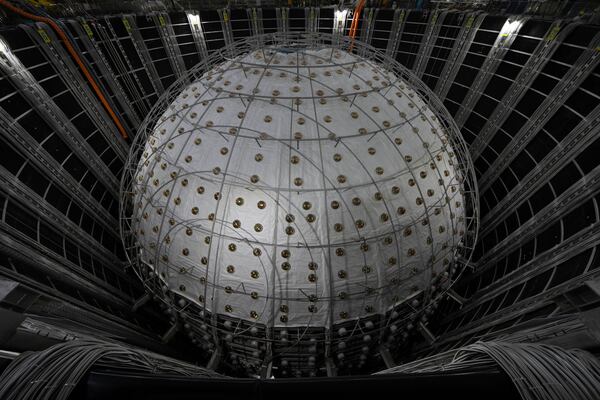 The $300 million detector is seen at the Jiangmen Underground Neutrino Observatory located 2297 feet (700 meters) underground in Kaiping in southern China's Guangdong province on Friday, Oct. 11, 2024. (AP Photo/Ng Han Guan)