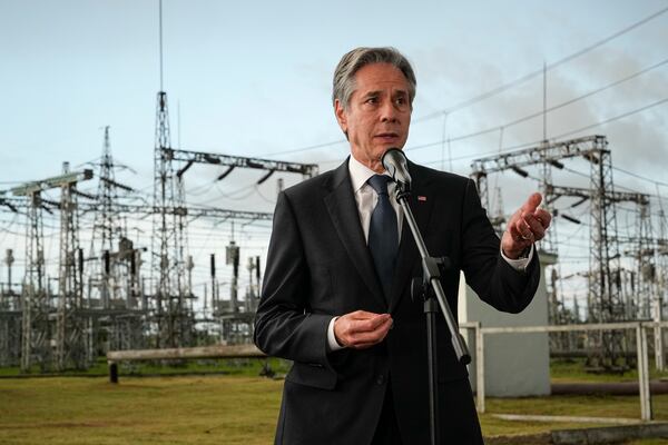 FILE - United States Secretary of State Antony Blinken speaks during a visit to the site of Moldelectrica Chisinau Substation in Braila south of the capital of Moldova, Wednesday, May 29, 2024. (AP Photo/Vadim Ghirda, File)