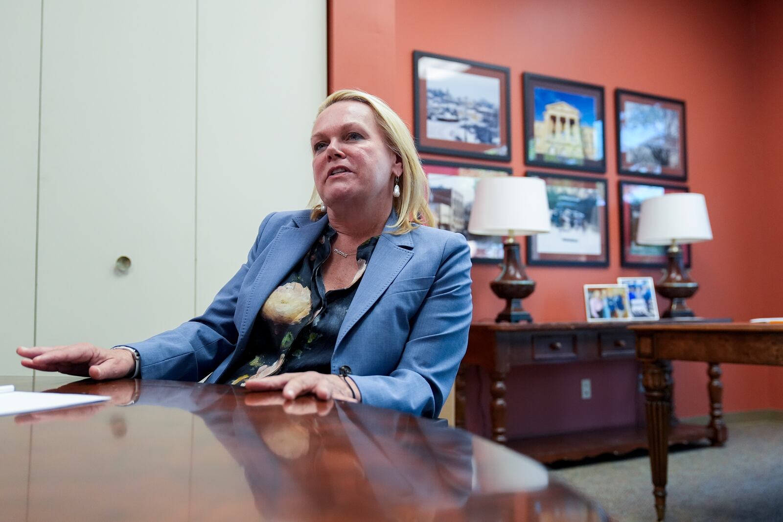 April McClain-Delaney, Democratic candidate for Maryland's Sixth Congressional District, speaks during an interview with The Associated Press, Thursday, Oct. 10, 2024, in Gaithersburg, Md. (AP Photo/Stephanie Scarbrough)