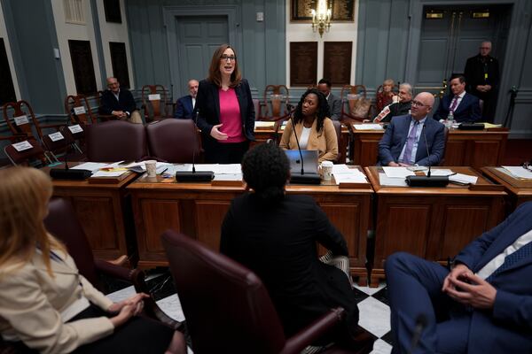 U.S.-Rep.-elect Sarah McBride, D-Del., gives her farewell speech on the Senate floor during a special session, her last day as a Delaware state senator, at the Delaware Legislative Hall in Dover, Del., Monday, Dec. 16, 2024. (AP Photo/Carolyn Kaster)