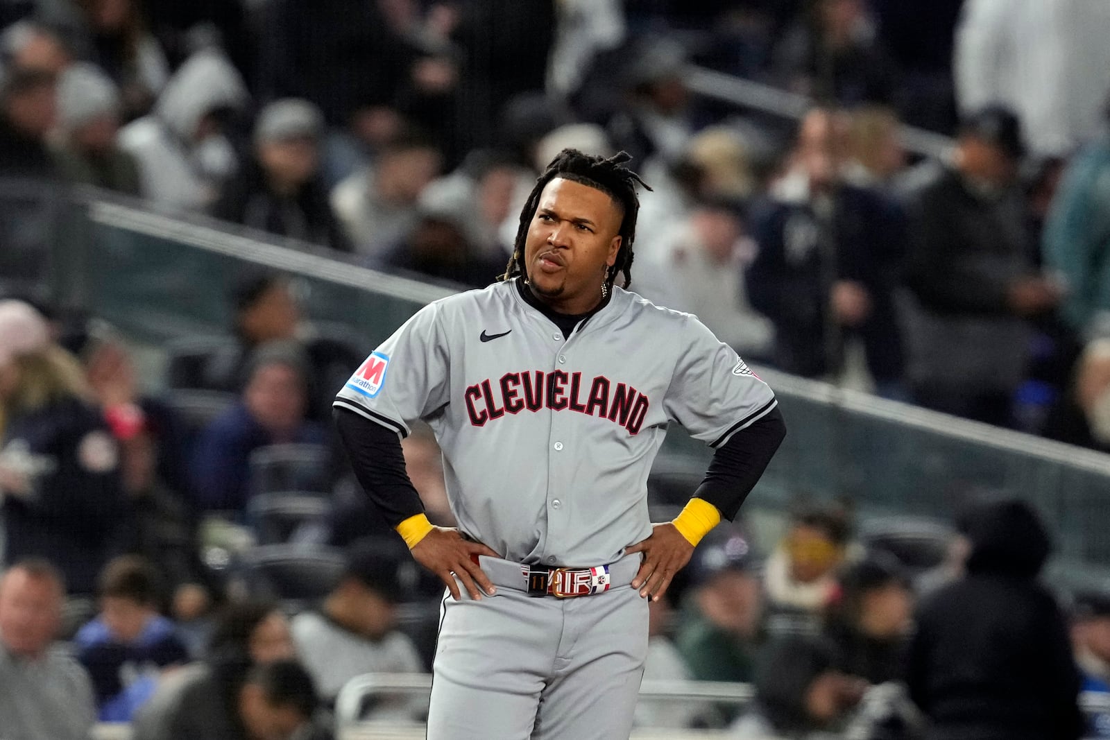 Cleveland Guardians' José Ramírez reacts after hitting a fly out against the New York Yankees during the third inning in Game 2 of the baseball AL Championship Series Tuesday, Oct. 15, 2024, in New York. (AP Photo/Godofredo Vásquez)