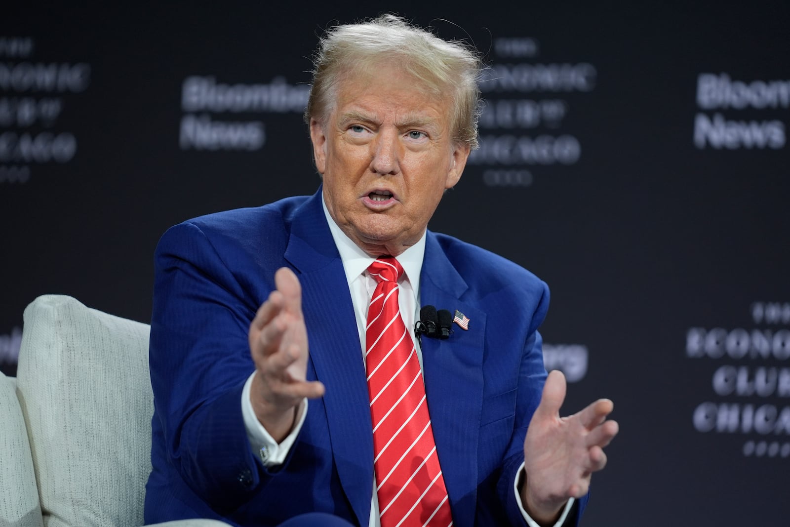 Republican presidential nominee former President Donald Trump speaks during an interview with Bloomberg News Editor-in-Chief John Micklethwait during an event with the Economic Club of Chicago, Tuesday, Oct. 15, 2024, in Chicago. (AP Photo/Evan Vucci)