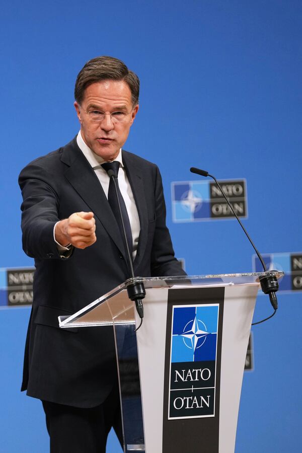 NATO Secretary General Mark Rutte speaks during a media conference prior to a meeting of NATO foreign ministers at NATO headquarters in Brussels,Tuesday, Dec. 3, 2024. (AP Photo/Virginia Mayo)