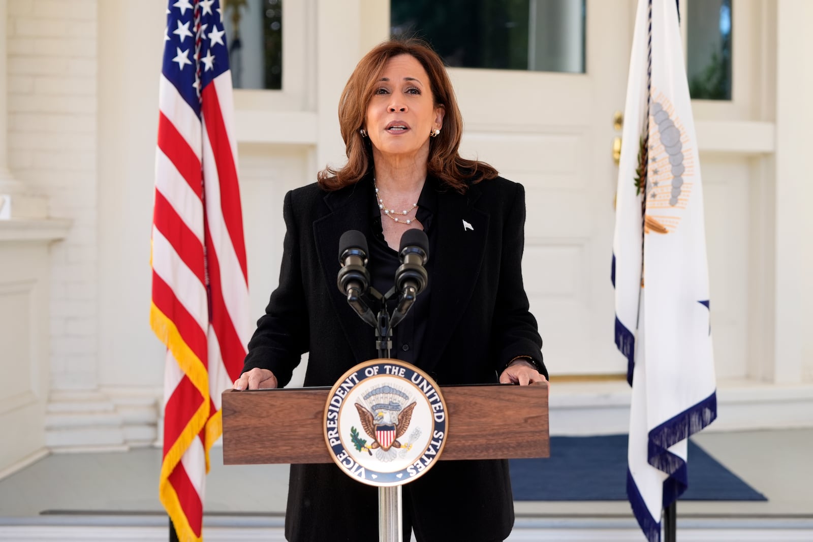 Democratic presidential nominee Vice President Kamala Harris speaks at the vice president's residence in Washington, Wednesday, Oct. 23, 2024. (AP Photo/Mark Schiefelbein)