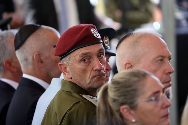 FILE - Lieutenant-General Herzi Halevi, center, attends a ceremony marking the Hebrew calendar anniversary of the Hamas attack on Oct. 7, 2023, at the Mount Herzl military cemetery in Jerusalem, Israel, on Oct. 27, 2024. (Gil Cohen-Magen/Pool Photo via AP, File)