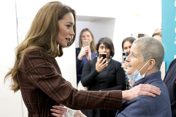 Britain's Princess Kate, left, talks with Rebecca Mendelhson during a visit to The Royal Marsden Hospital, London, where she received her cancer treatment, Tuesday Jan. 14, 2025. (Chris Jackson/Pool Photo via AP)