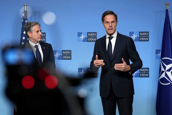 United States Secretary of State Antony Blinken, left, and NATO Secretary General Mark Rutte deliver a statement ahead of a meeting of NATO foreign ministers at NATO headquarters in Brussels,Tuesday, Dec. 3, 2024. (AP Photo/Virginia Mayo)