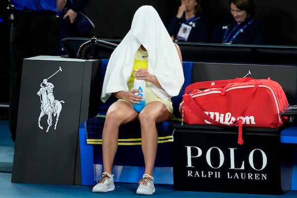 Aryna Sabalenka of Belarus reacts after the women's singles final against Madison Keys of the U.S. at the Australian Open tennis championship in Melbourne, Australia, Saturday, Jan. 25, 2025. (AP Photo/Asanka Brendon Ratnayake)