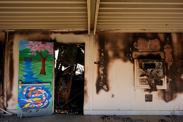 The entrance to a classroom is seen at Palisades High School in the aftermath of the Palisades Fire in the Pacific Palisades neighborhood of Los Angeles, Tuesday, Jan. 14, 2025. (AP Photo/Carolyn Kaster)