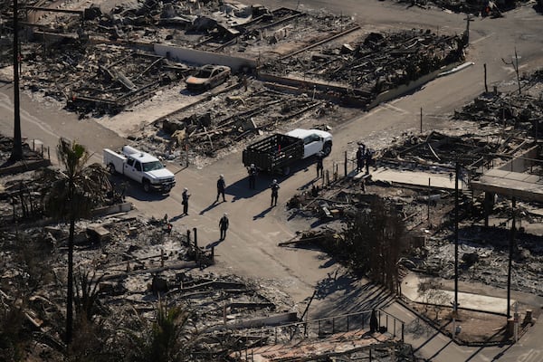 Search and rescue crew inspect a mobile home park destroyed by the Palisades Fire in Palisades, Wednesday, Jan. 15, 2025. (AP Photo/Jae C. Hong)