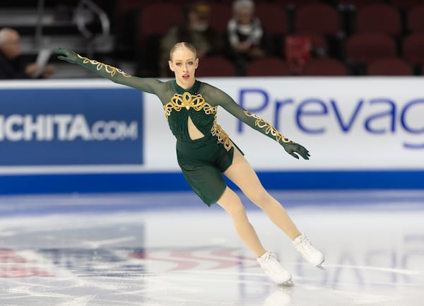 Bradie Tennell warms up before the women's short program at the U.S. figure skating championships Thursday, Jan. 23, 2024, in Wichita, Kan. (AP Photo/Travis Heying)