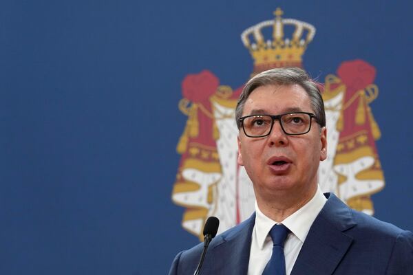 Serbian President Aleksandar Vucic speaks during a news conference with Slovakia's Prime Minister Robert Fico in the Serbia Palace in Belgrade, Serbia, Thursday, Nov. 21, 2024. (AP Photo/Darko Vojinovic)