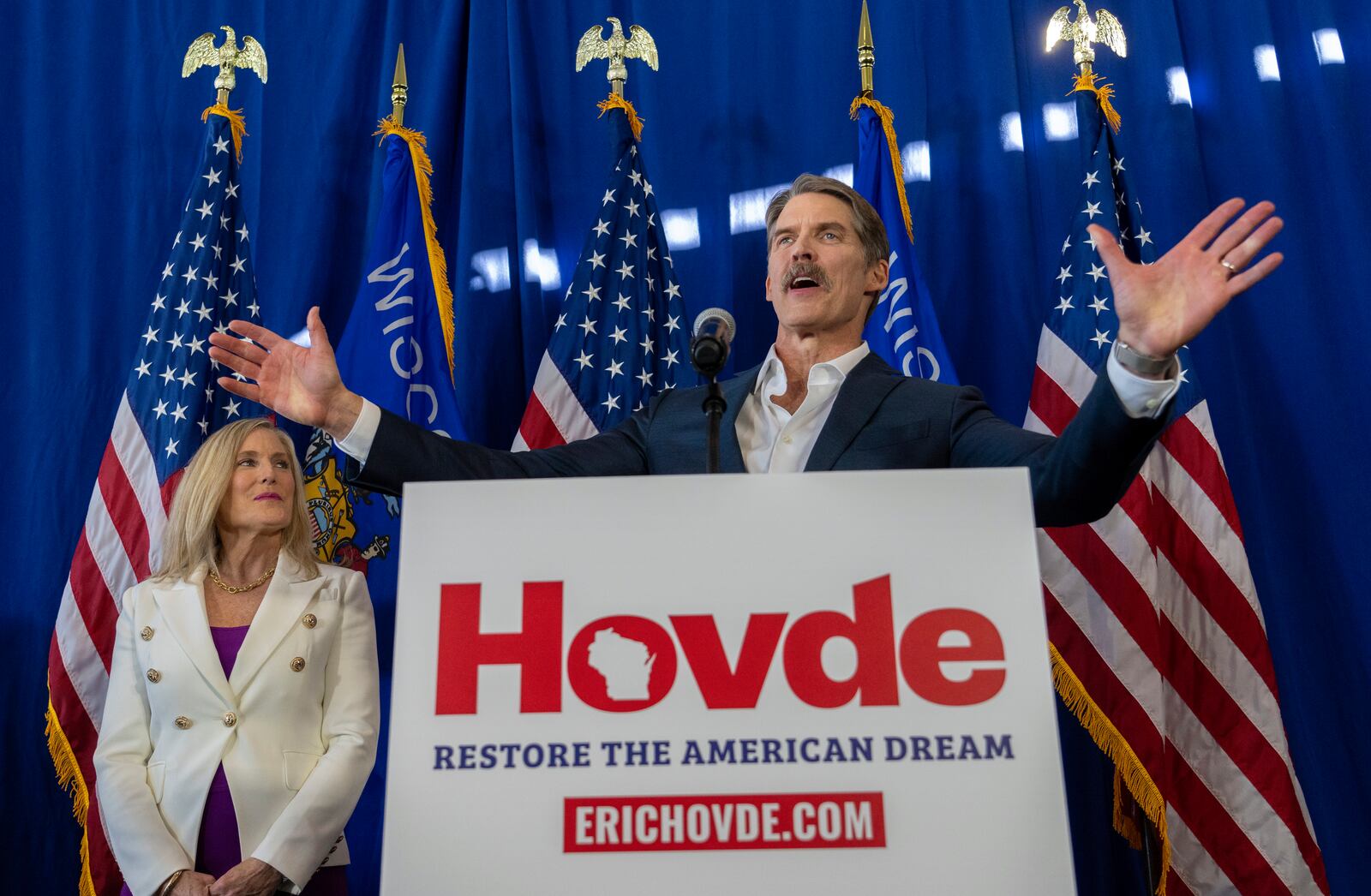 FILE - Eric Hovde, a Republican businessman and real estate mogul launched, announces he is running for U.S. Senate against Wisconsin Democratic incumbent Sen. Tammy Baldwin, Feb. 20, 2024, in Madison, Wis. (Mark Hoffman=wimil