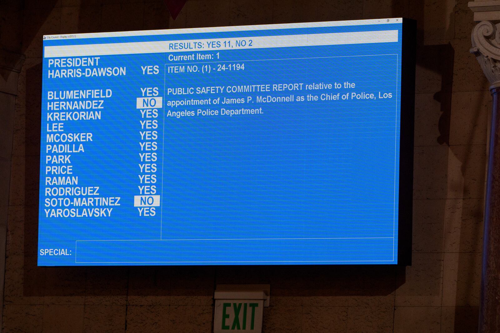 Members of the Los Angeles City Council's vote is displayed on a monitor to confirm Mayor Karen Bass' appointment of former county Sheriff James McDonnell as the next Los Angeles Police Department Chief of Police at a meeting of the Council's public safety committee on Friday, Nov. 8, 2024, in Los Angeles. (AP Photo/Damian Dovarganes)