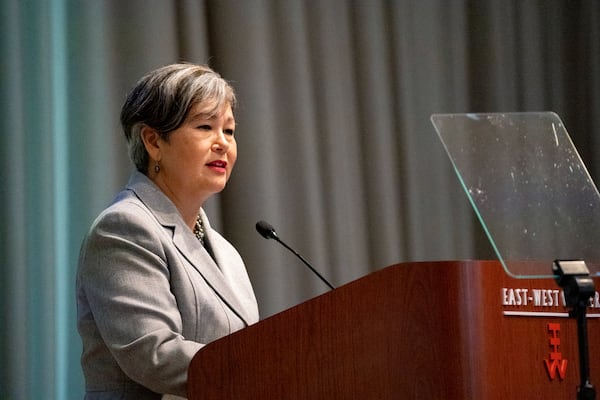 East-West Center President Suzanne Vares-Lum gives a welcoming speech before a private discussion with Taiwanese President Lai Ching-te at the East-West Center, Sunday, Dec. 1, 2024, in Honolulu, Hawaii. (AP Photo/Mengshin Lin)