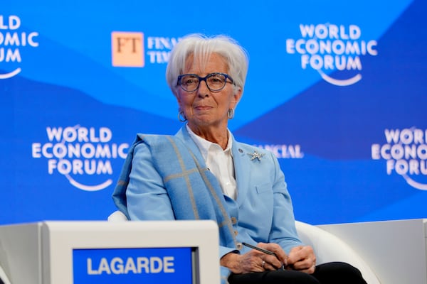 ECP President Christine Lagarde attends the Annual Meeting of World Economic Forum in Davos, Switzerland, Wednesday, Jan. 22, 2025. (AP Photo/Markus Schreiber)