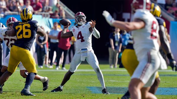 Alabama quarterback Jalen Milroe (4) throws a pass against Michigan during the second half of the ReliaQuest Bowl NCAA college football game Tuesday, Dec. 31, 2024, in Tampa, Fla. (AP Photo/Chris O'Meara)