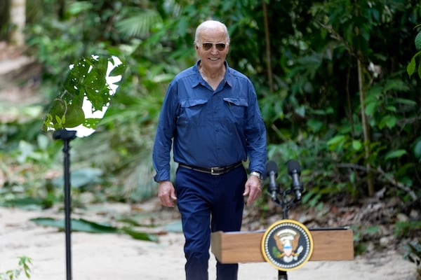 President Joe Biden walks to speak following a tour of the Museu da Amazonia, Sunday, Nov. 17, 2024, in Manaus, Brazil. (AP Photo/Manuel Balce Ceneta)