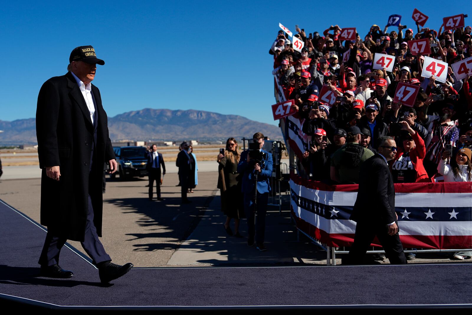 Republican presidential nominee former President Donald Trump arrives at a campaign rally at Albuquerque International Sunport, Thursday, Oct. 31, 2024, in Albuquerque, N.M. (AP Photo/Julia Demaree Nikhinson)