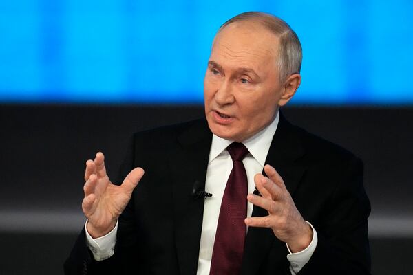 Russian President Vladimir Putin speaks during his annual news conference and call-in show at Gostinny Dvor in Moscow, Russia, Thursday, Dec. 19, 2024. (AP Photo/Alexander Zemlianichenko)