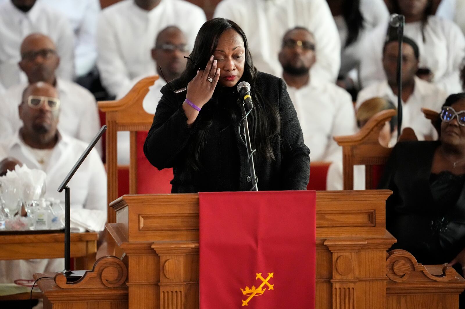 Pat Houston speaks during a ceremony celebrating the life of Cissy Houston on Thursday, Oct. 17, 2024, at the New Hope Baptist Church in Newark, N.J. (Photo by Charles Sykes/Invision/AP)