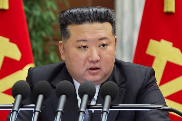 In this photo provided by the North Korean government, North Korean leader Kim Jong Un delivers a speech at a meeting held during Dec. 23 until Dec. 27, 2024, in Pyongyang, North Korea. Independent journalists were not given access to cover the event depicted in this image distributed by the North Korean government. The content of this image is as provided and cannot be independently verified. (Korean Central News Agency/Korea News Service via AP)