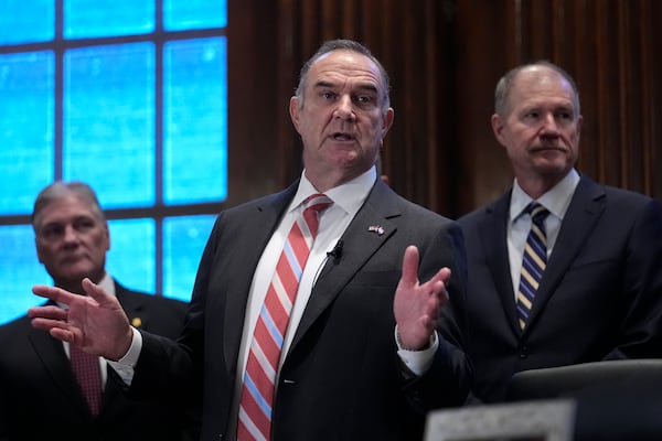 Gov. Mike Kehoe speaks before signing executive orders shortly after being sworn in as Missouri's 58th governor Monday, Jan. 13, 2025, in Jefferson City, Mo. (AP Photo/Jeff Roberson)