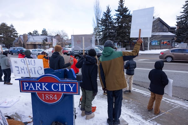 Park City Ski Patrol strike requesting livable wages in Park City, Utah, Tuesday, Jan 7. 2025. (AP Photo/Melissa Majchrzak)