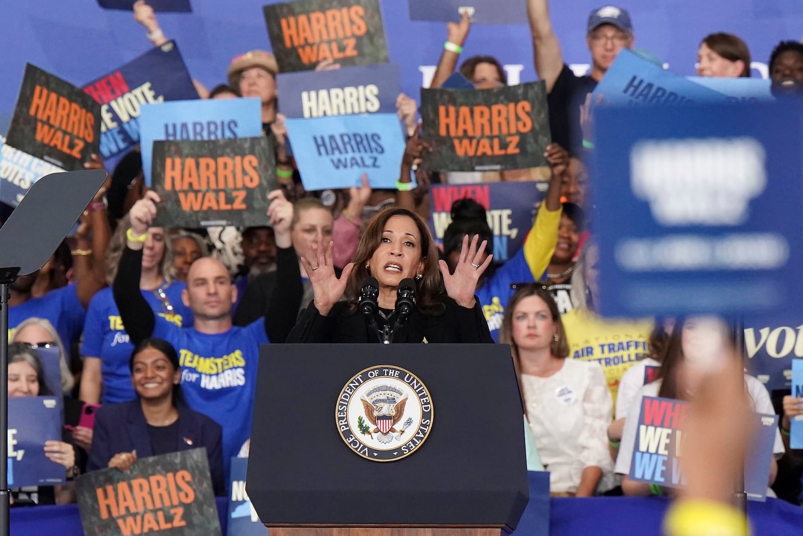 Democratic presidential nominee Vice President Kamala Harris speaks at a campaign rally, Wednesday, Oct. 30, 2024, in Raleigh, N.C. (AP Photo/Allison Joyce)