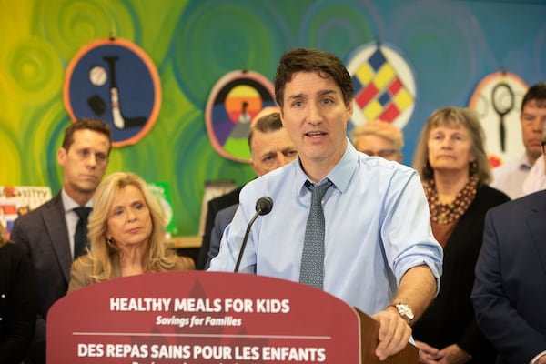 Prime Minister Justin Trudeau speaks at an event in Mount Stewart, P.E.I., Friday, Nov. 29, 2024. (Ron Ward /The Canadian Press via AP)