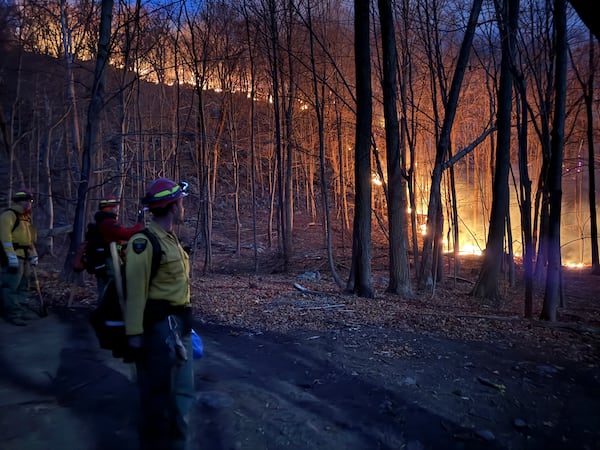 This photo released by the New York State Department of Environmental Conservation shows flames burning as crews work at the Jennings Creek wildfire, in Warwick, N.Y., Saturday, Nov. 16, 2024. (New York State Department of Environmental Conservation via AP)