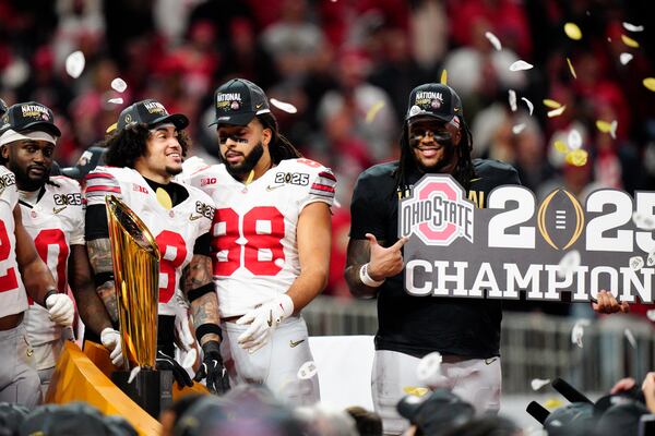 Ohio State celebrates after their win against Notre Dame in the College Football Playoff national championship game Monday, Jan. 20, 2025, in Atlanta. (AP Photo/Jacob Kupferman)