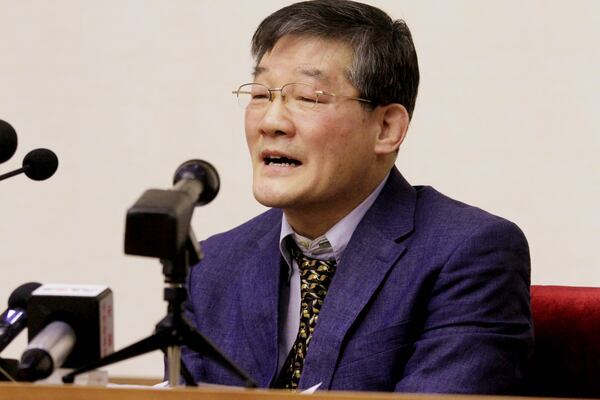 FILE - Kim Tong Chol, a U.S. citizen detained in North Korea, speaks as he is presented to reporters in Pyongyang, North Korea, March 25, 2016. (AP Photo/Kim Kwang Hyon, File)