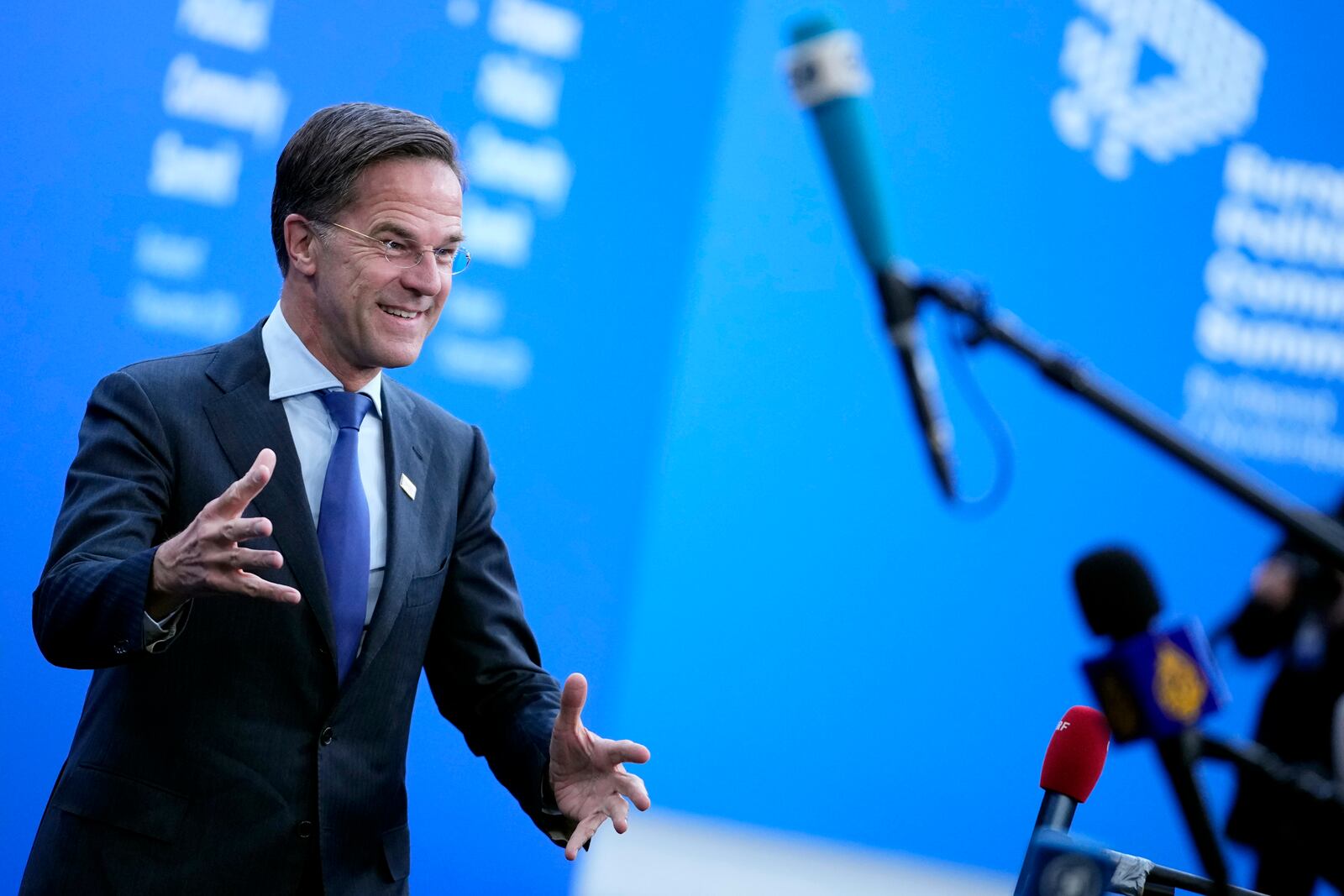 NATO Secretary General Mark Rutte speaks with the media as he arrives for the European Political Community (EPC) Summit at the Puskas Arena in Budapest, Hungary, Thursday, Nov. 7, 2024. (AP Photo/Petr Josek)