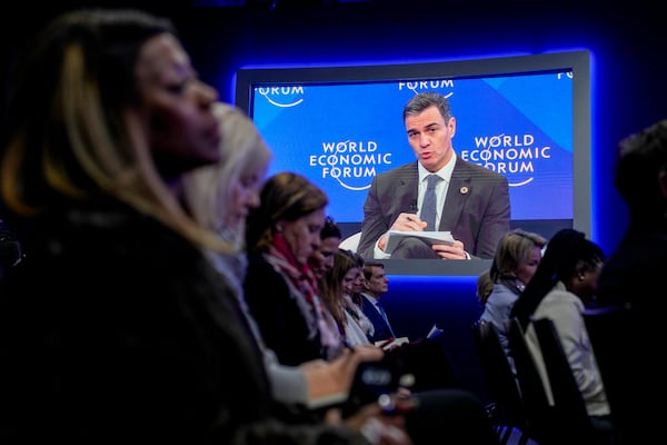 Prime Minister of Spain Pedro Sanchez speaks at the Annual Meeting of World Economic Forum in Davos, Switzerland, Wednesday Jan. 22, 2025. (AP Photo/Markus Schreiber)