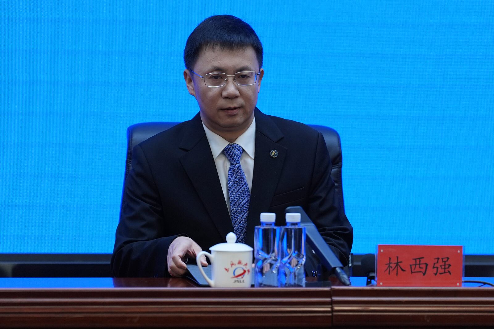 Lin Xiqiang, spokesperson of the China Manned Space Program and deputy director of the China Manned Space Agency, speaks during a press conference ahead of the Shenzhou-19 mission at the Jiuquan Satellite Launch Center in Jiuquan, northwestern China Tuesday, Oct. 29, 2024. (AP Photo/Ng Han Guan)