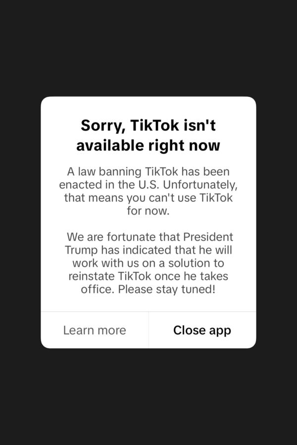 This screenshot from a cell phone displays a message from the TikTok app reading "Sorry, TikTok isn't available right now" on Saturday, Jan. 18, 2025, in San Bruno, Calif. (AP Photo/Stephanie Mullen)