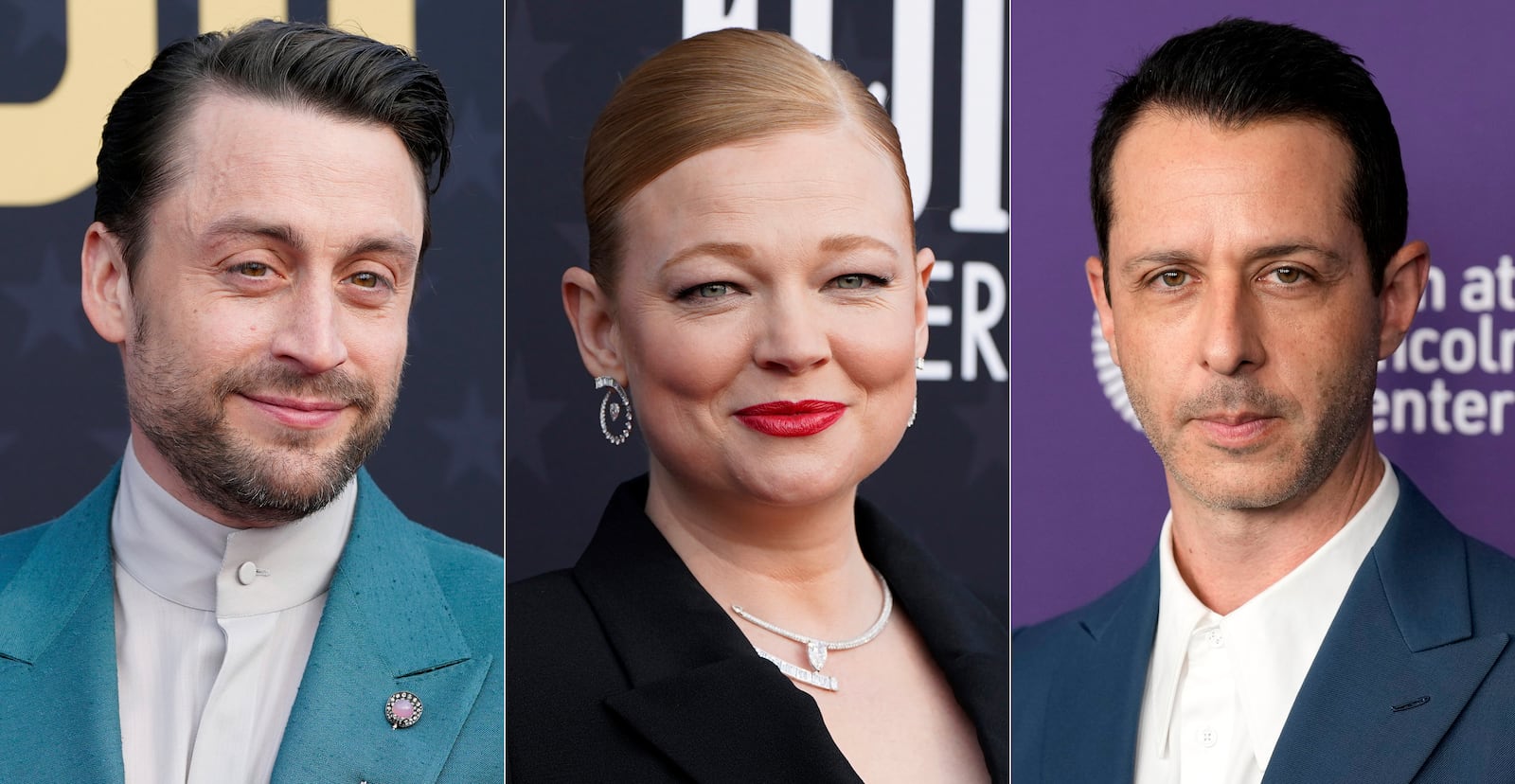 This combination of images shows the cast of HBO's "Succession," from left, Kieran Culkin, Sarah Snook, and Jeremy Strong. (AP Photo)