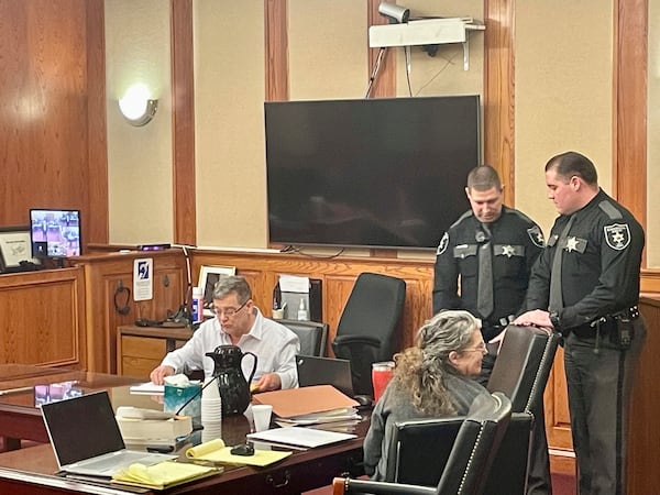 Donald Ray Lantz, left, and Jeanne Kay Whitefeather are shown during a break in the Kanawha County Circuit Court on the first day of their trial in Charleston, W.Va., Tuesday, Jan. 14, 2025. The couple face multiple charges after two of their adopted children were found locked in an outbuilding in October 2023. (AP Photo/John Raby)